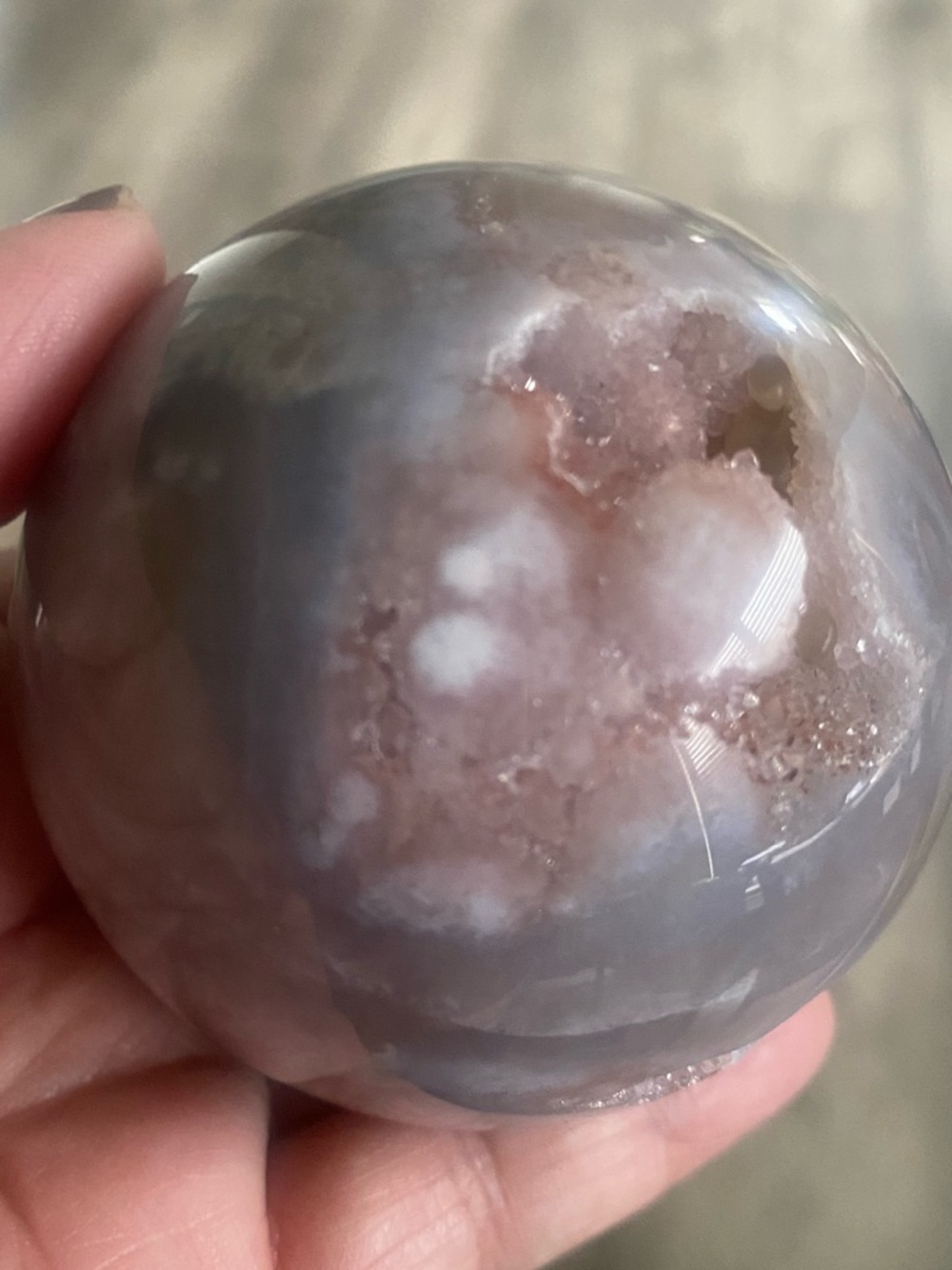 Pink Flower Agate Crystal Sphere with Druzy